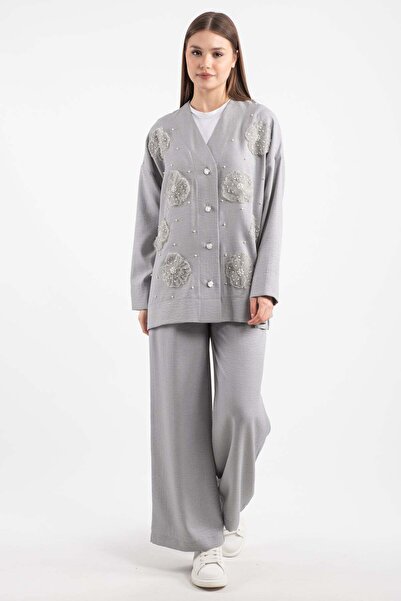 Hatun Atila Women's Tulle Floral Stone Detailed Two Piece Set 8747 - Gray