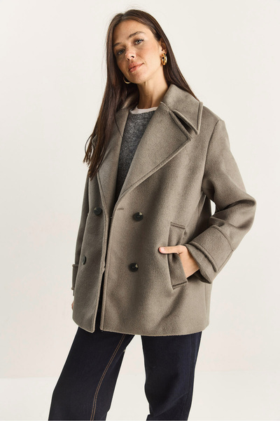 Bianco Lucci Γυναικείο παλτό διπλό πέτο με γιακά και επένδυση κοντό oversized καστανό 3508 60283850