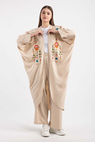 Hatun Atila Women's Oversized Hand Embroidered Ethnic Stone and Sequin Embroidered Kimono Set Ecru - 5150
