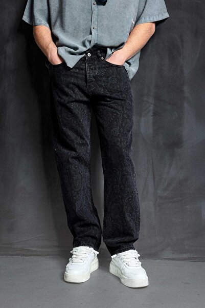ablukaonline Men's Patterned Baggy Fit Jeans Black