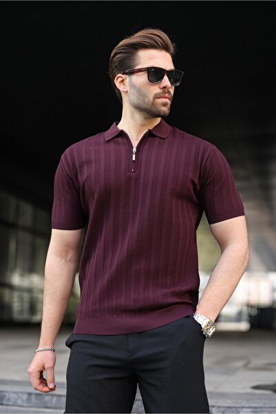 Madmext Claret Red Half Zip Polo Neck Men's Knitwear T-Shirt E7458
