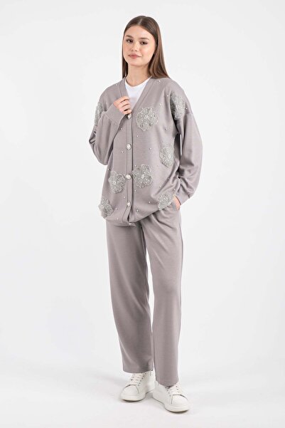 Hatun Atila Tulle Flower and Pearl Detailed Cardigan Set 7926 - Gray