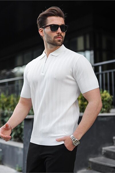 Madmext Λευκό ανδρικό πλεκτό μπλουζάκι με μισό φερμουάρ E7458