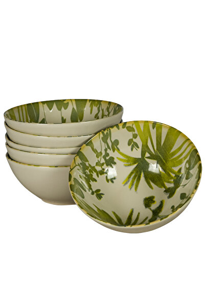 Cesiro Set of 6 bowls, 600 ml, Hawaii, light cream with green leaves