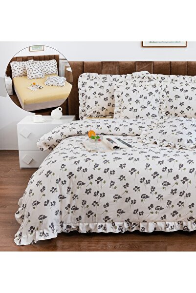 CHIRASO Ruffled Bedding Set, ELASTIC Sheet 180x200cm, Duvet Cover 200x230, 4 Pillowcases 52x75