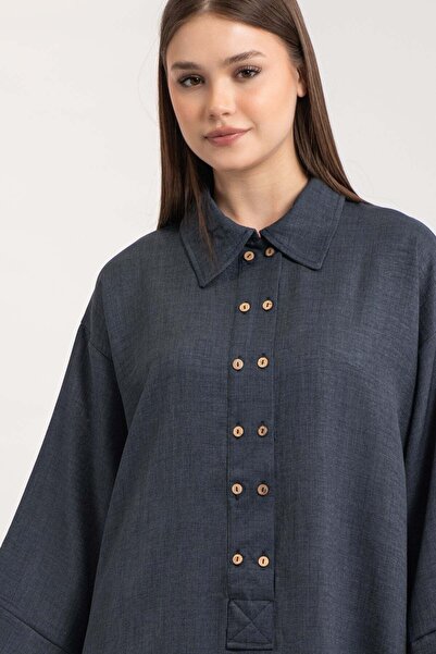 Hatun Atila Shirt Collar Double Buttoned Skirt Mini Slit Linen Dress 7945 - Navy Blue