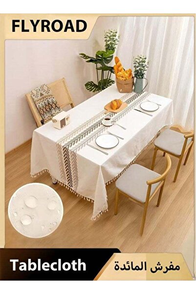FLYROAD 90x140CM Waterproof Embroidered Burlap Linen Tassel Tablecloth