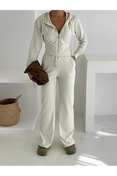 Gugus Women's Selani̇k Knitted Fabric Bottom and Top Set with Zippered Hood