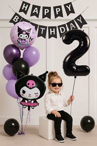 PARTİAVM Yaş Kuromi Themed Birthday Balloon Set Black Number Happy Birthday Banner Flying Balloon