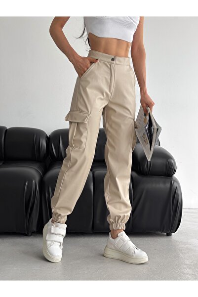 Gugus KADIN KARGO CEPLİ PAÇA LASTİKLİ DERİ ПАНТАЛОНИ