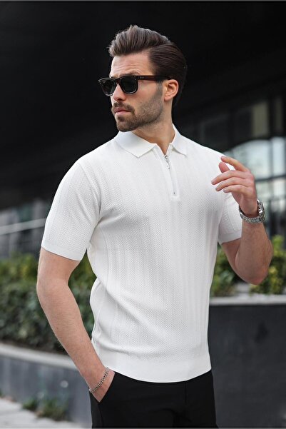 Madmext Λευκό ανδρικό πλεκτό μπλουζάκι με μισό φερμουάρ E7458