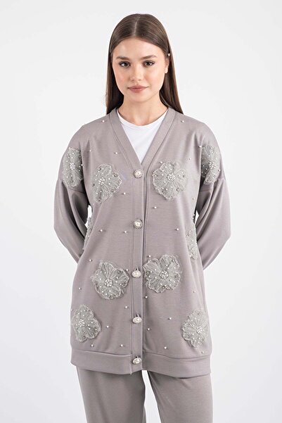 Hatun Atila Tulle Flower and Pearl Detailed Cardigan Set 7926 - Gray