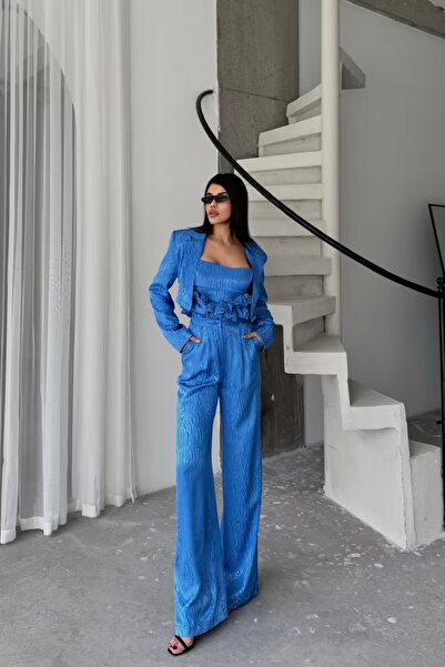 Genel Markalar JAKARLI BLUZU TASARIM DETAYLI CEKET-PANTOLON-BLUZ 3 LU TAKIM
