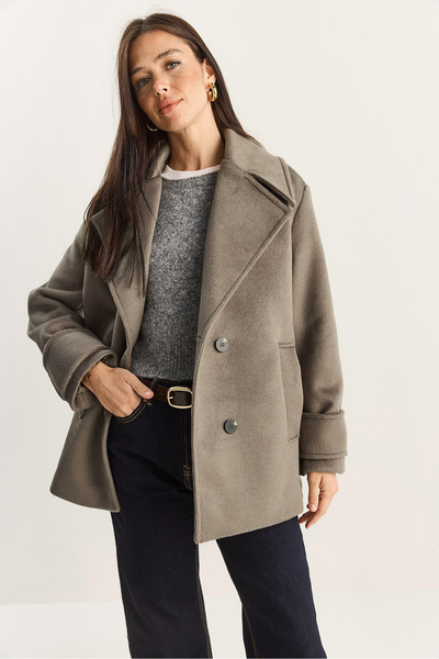 Bianco Lucci Γυναικείο παλτό διπλό πέτο με γιακά και επένδυση κοντό oversized καστανό 3508 60283850