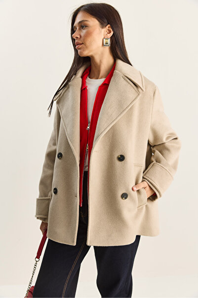 Bianco Lucci Γυναικείο παλτό διπλό πέτο με γιακά και επένδυση κοντό oversized καστανό 3508 60283850