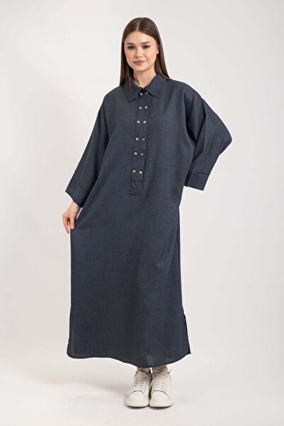 Hatun Atila Shirt Collar Double Buttoned Skirt Mini Slit Linen Dress 7945 - Navy Blue