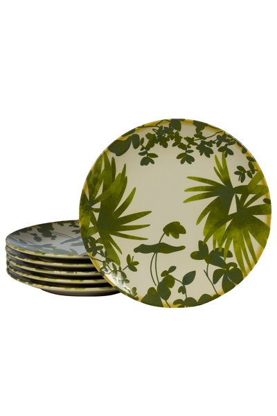 Cesiro Set of 6 flat plates, 26 cm, Hawaii, Light cream with green leaves