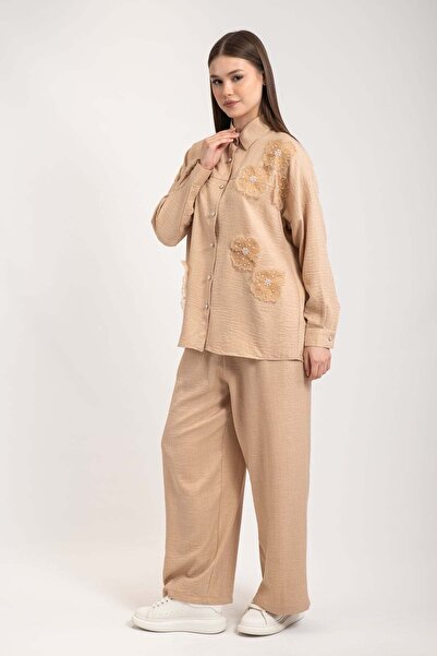 Hatun Atila Women's Pearl and Stone Detailed Tulle Floral Linen Two-Piece Set 7943 - Camel