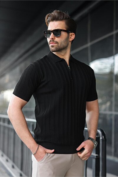 Madmext Black Half Zip Polo Neck Men's Knitwear T-Shirt E7458
