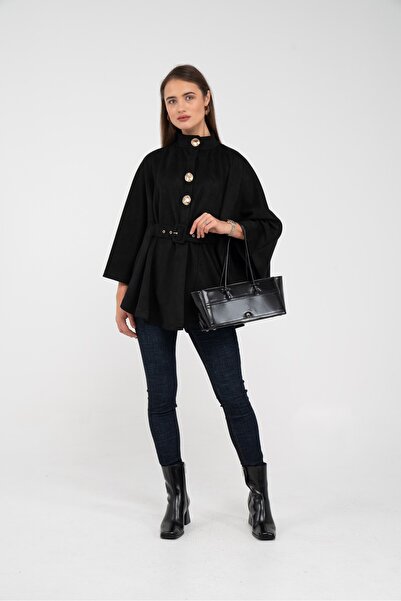 sasilva Süet Dokulu Kuşaklı Altın Düğmeli Kadın Pelerin Kap 9000