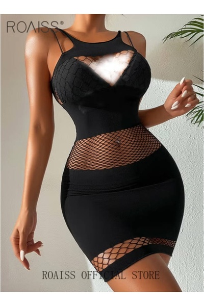 ROAISS طقم ملابس داخلية شبكية مكون من قطعتين للنساء، ملابس داخلية شفافة مجوفة...