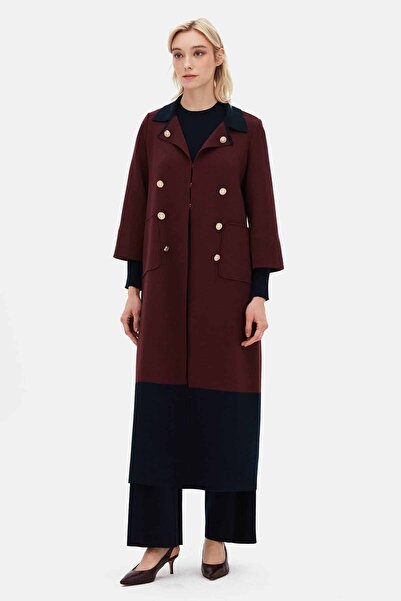 MISS DALIDA Renk Bloklu Çift Düğmeli Bordo Hırka