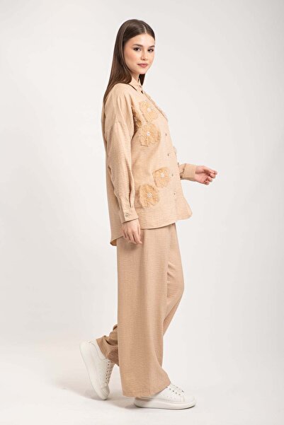 Hatun Atila Women's Pearl and Stone Detailed Tulle Floral Linen Two-Piece Set 7943 - Camel