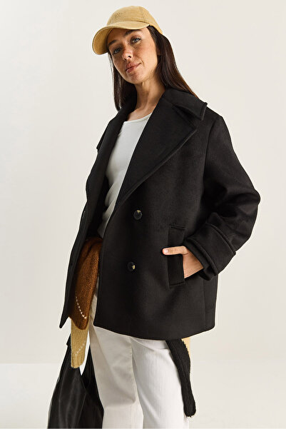 Bianco Lucci Women's Double-Breasted Collar Lined Short Oversized Cashmere Coat 3508 60283850