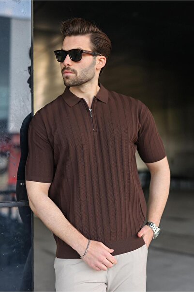 Madmext Ανδρικό πλεκτό μπλουζάκι με μισό φερμουάρ και λαιμόκοψη E7458