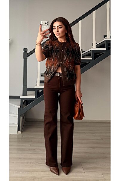 Oslove Coffee belt Stretch Fabric Wide Leg jean