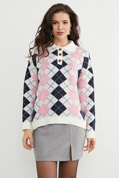 Fulla Moda Πλεκτό πουλόβερ με μισό κουμπί με μοτίβο μπακλαβά