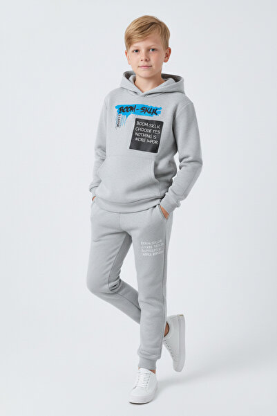 YA KO KİDS 3 İplik Ş Fleece-Lined Winter Kangaroo Pocket K Hooded Print Detailed Boys' Tracksuit Set