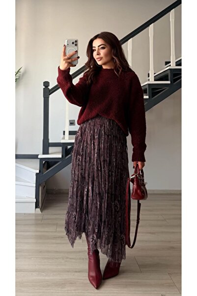 Oslove Burgundy-Black Lined Asymmetrical Skirt with Elastic Waist