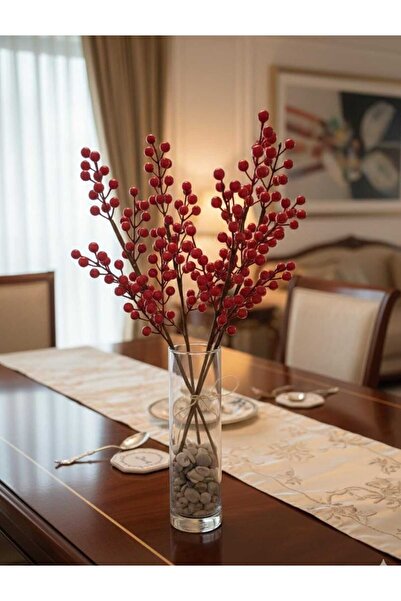 İpek & Demir Home 4 Adet 50 Cm Yılbaşı Kokina çiçeği Kırmızı Berry Sapları No...