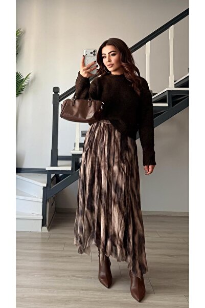 Oslove Coffee-cream lined asymmetric skirt with elastic waist