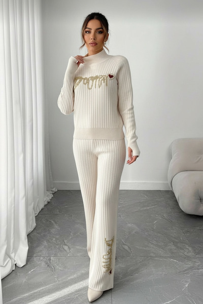 NEWCO Corded Fabric Textured Pearl Embroidered Finger-Threaded Half-Turtleneck Knitwear Two-Piece Suit