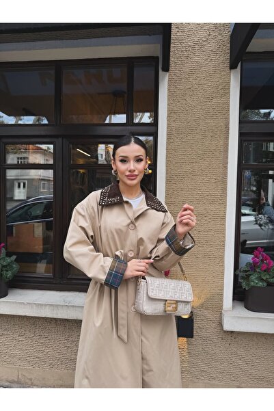 cemo Women's Long Trench Coat with Plaid Cuff Detail and Lace-Up Belt