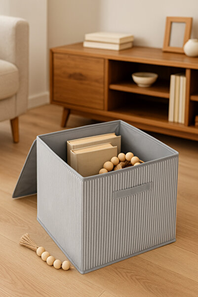 HomyJRs Gray Striped Lid Organization and Storage Box Organizer 30X30X30