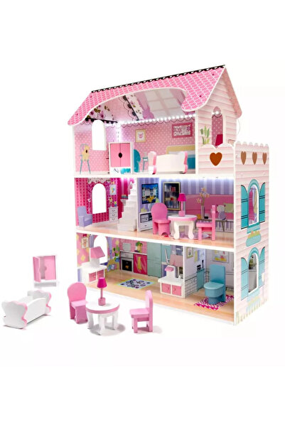 OEM Pink 70 cm MDF Dollhouse with LED Lights, Fully Equipped and Furnished
