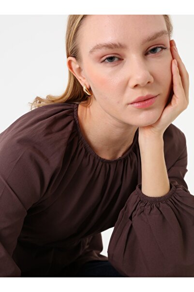 Refka Poplin Fabric Ruched Detail Belted Blouse / Shirt - Dark Brown -