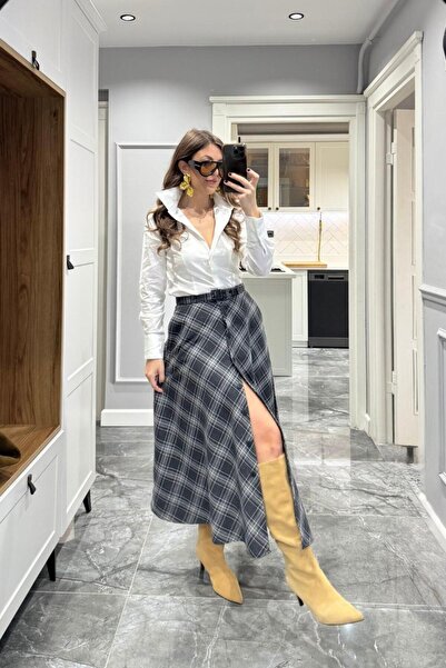 Banu Angay Vintage Ekose Desen Düğmeli Etek Siyah