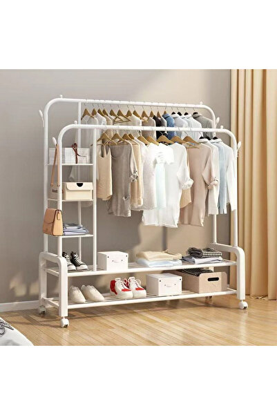 HayaBazaar منظم ملابس معدني مع حامل ملابس وأرفف جانبية باللون الأبيض مع عجلات