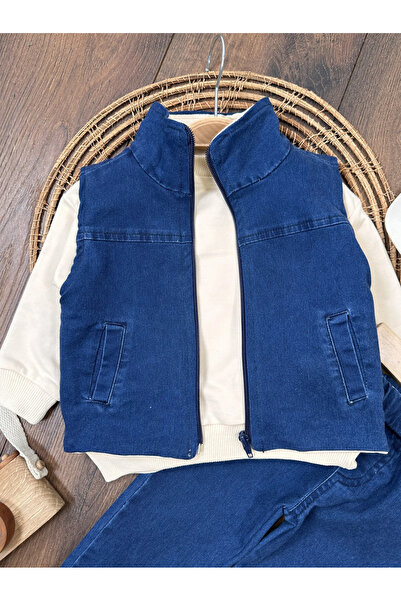 BİSCOİ Babybiscoi Kot Vest Set Snap Fastener Badili Rockn Roll Baby Boy Triple Set