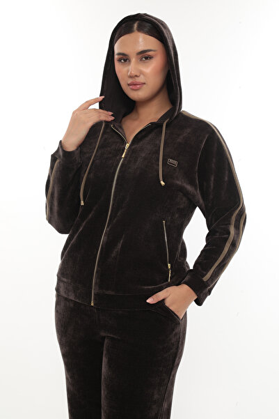 EXİTLİNE Women's Winter Accessorized Zippered Hooded Thick Corded Fabric Brown Velvet Tracksuit Set