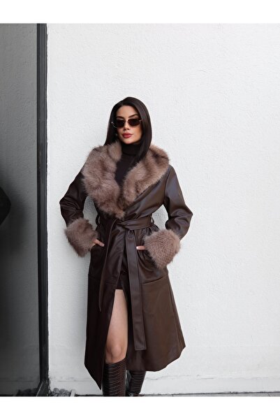 ESRAHELVACI Шкіряний тренч з хутряними деталями та поясом