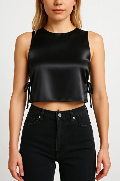 NSMLİFE Women's Black Satin Side Tie Crop Bustier – Everyday & Evening Outfits