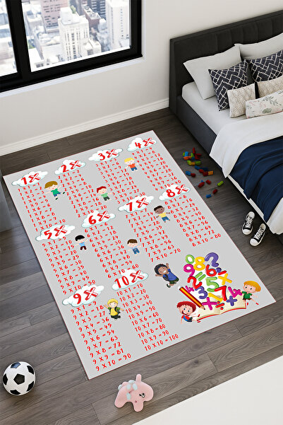 Kessy Home Studio Sade Gri Çarpım Tablosu Temalı Çocuk Oda Halısı Yıkanabilir...