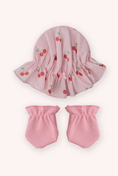 Panço Yenidoğan Kiraz Desenli Pembe Şapka Eldiven Seti