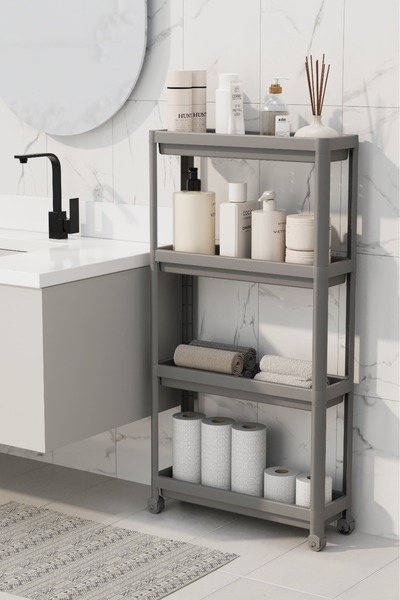 Omaş Household Product Rectangular 4 Tiers Shelving Unit with Wheels White Bathroom Kitchen Organizer Organizer Shelf