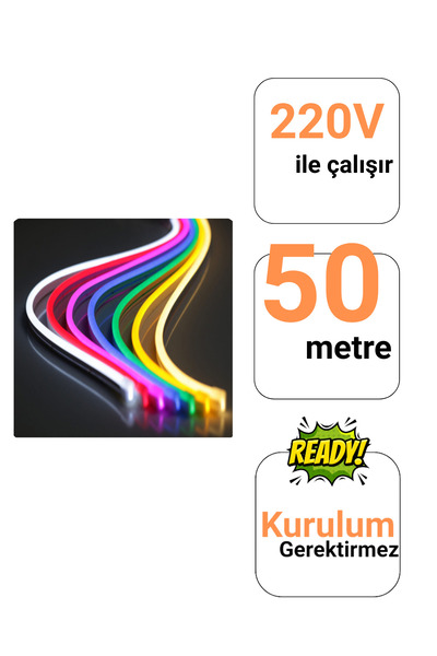 Ema Dükkan 220V RGB Neon Led Set 50 Metre Kumandalı IP65 8x15mm Esnek Şerit Dış Mekan Dekor Aydınlatma